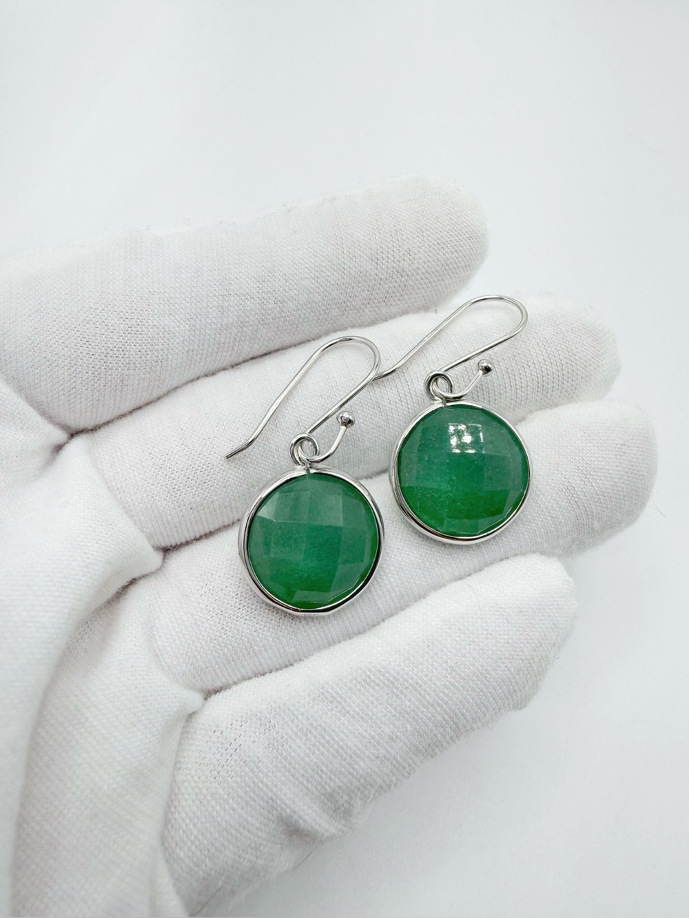 .925 Sterling Silver Round Chess Cut Green Aventurine Dangle Earrings
